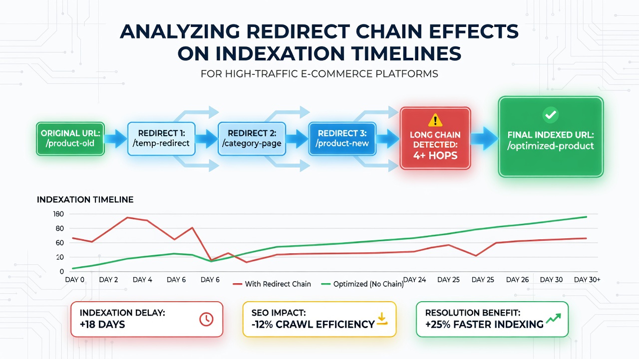 Chart displaying indexation delay measurements correlated with increasing redirect chain lengths on retail websites