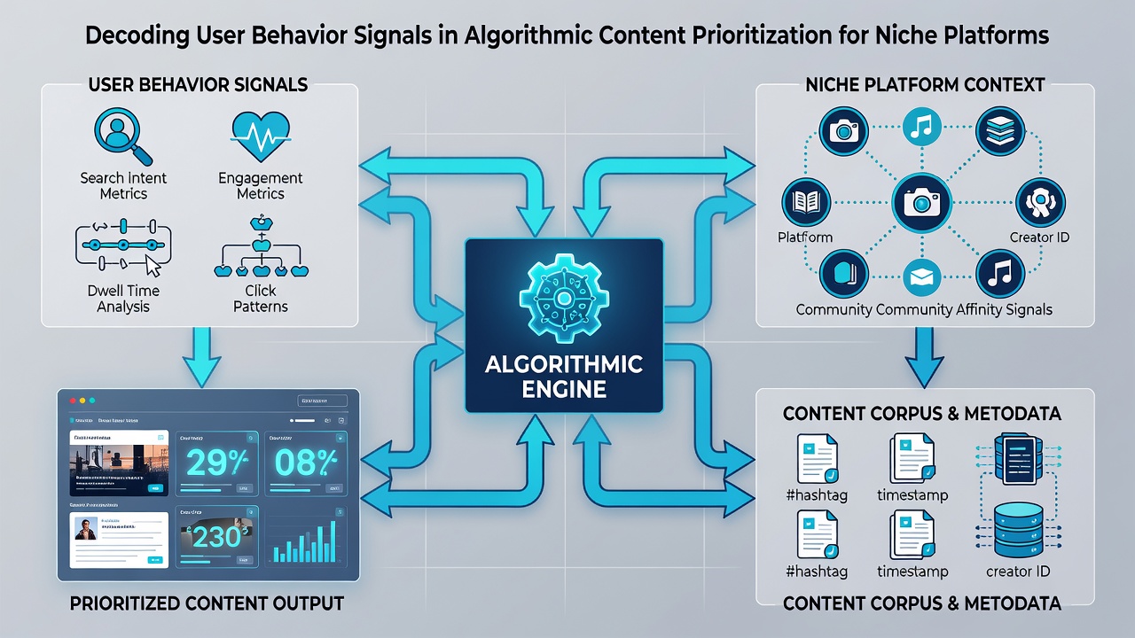 Diagram illustrating how dwell time, shares, and comment velocity influence ranking adjustments in niche content feeds